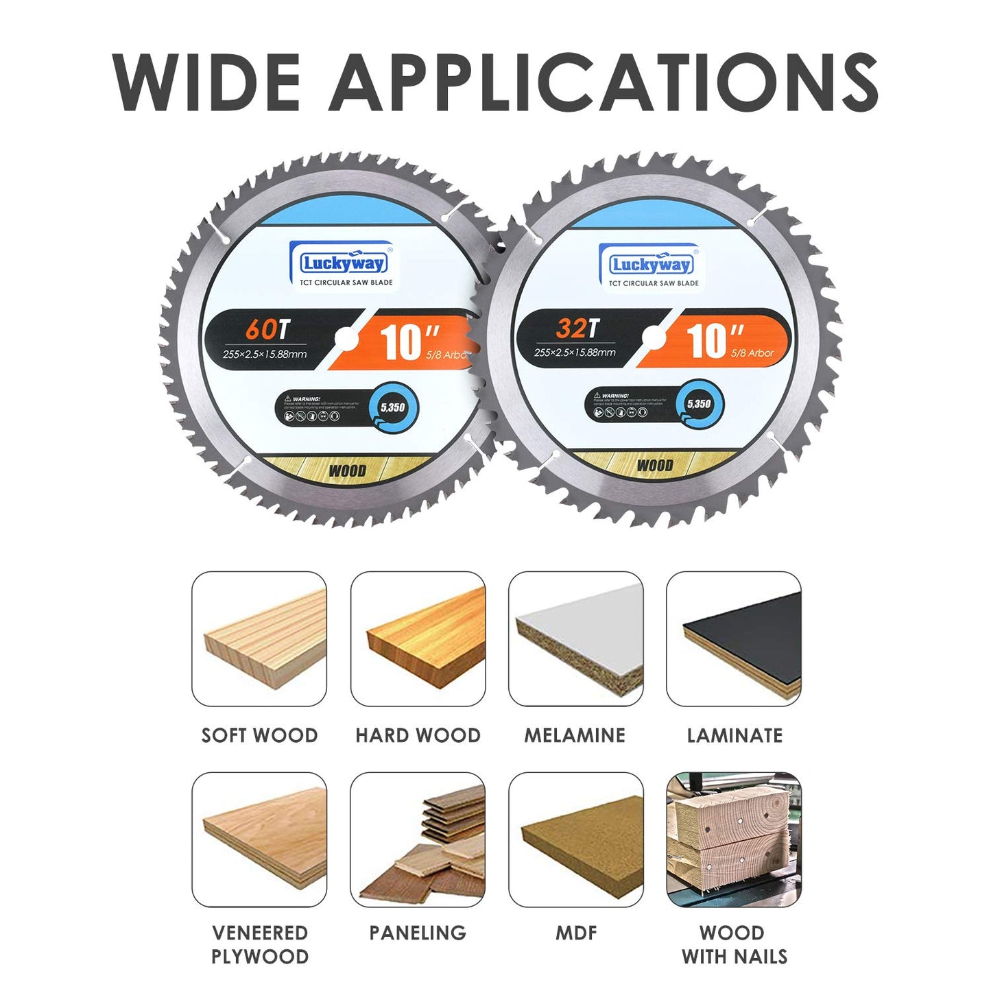 Luckyway 10 Inch Table Saw Blade/Miter Saw Blade for Ultra-Nice Wood Cutting in Construction, Two Pack of 60-Tooth & 32-Tooth