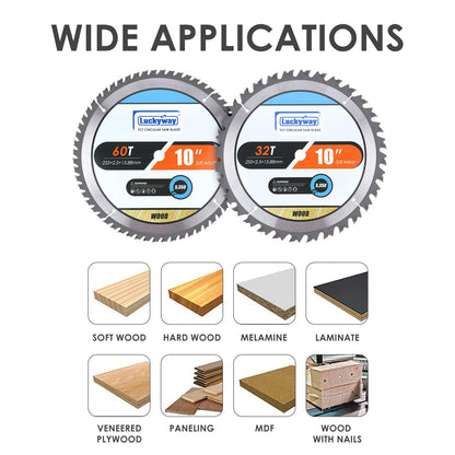 Luckyway 10 Inch Table Saw Blade/Miter Saw Blade for Ultra-Nice Wood Cutting in Construction, Two Pack of 60-Tooth & 32-Tooth