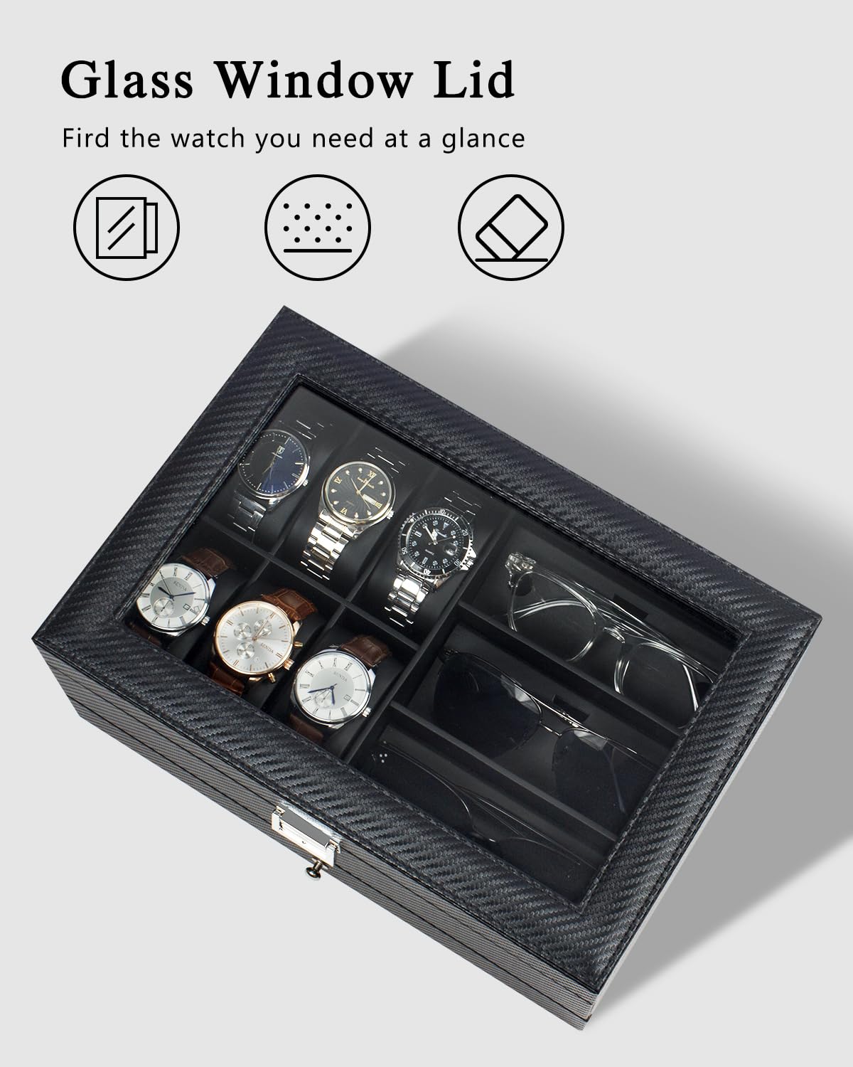 GUKA Watch box, 6 Slot Watch Case, 3 Slot Sunglass Organizer, Watch Cases for men with Real Glass Lid, Watch Organizer storage with Jewelry Case, Birthday for Men and Women, Black