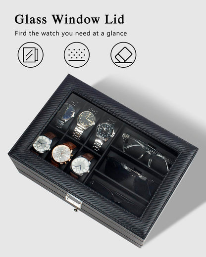 GUKA Watch box, 6 Slot Watch Case, 3 Slot Sunglass Organizer, Watch Cases for men with Real Glass Lid, Watch Organizer storage with Jewelry Case, Birthday for Men and Women, Black