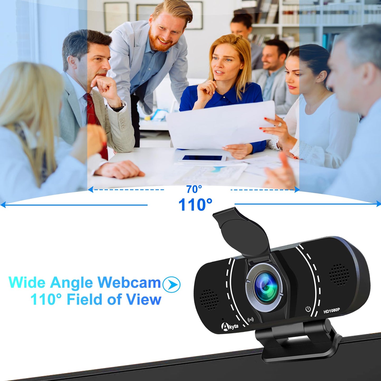 Akyta Webcam, 1080p Webcam for pc,with Noise-Canceling Microphone/Privacy Cover,Wide Angle 110°, Plug and Play USB Web Camera for Desktop Computer PC Laptop Mac Video Calling/Streaming/Zoom Conference