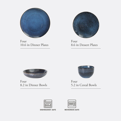 Gibson Elite Matisse 16 Piece Double Bowl Dinnerware Set, Cobalt Blue, Service for 4 (16pcs)