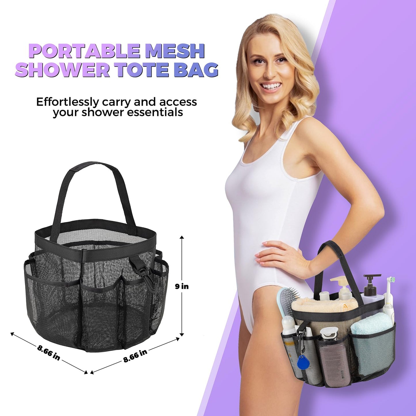 Mesh Shower Caddy Portable for College Dorm Room Essentials with 8-Pocket Large Capacity,Quick Dry Shower Bag for Bathroom, Beach,Gym
