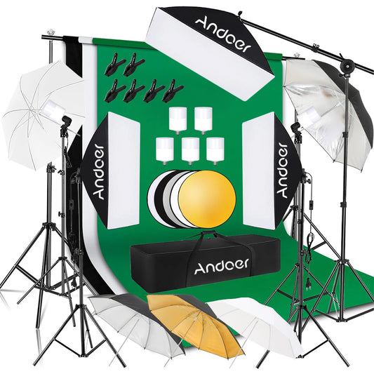 Andoer Professional Softbox Photography Studio Lighting Kit with 3 Color Backdrops, 6.5*10ft Backdrop Stands, Photography Umbrellas for Product Photography Portrait Video Shooting and Live Streaming
