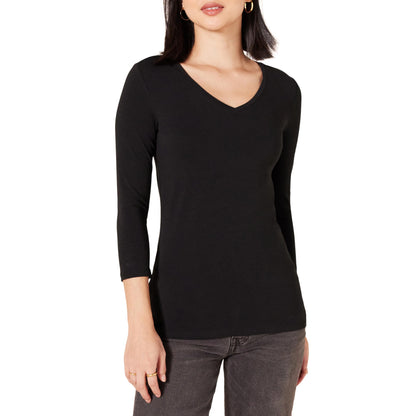 Amazon Essentials Women's Regular-Fit 3/4 Sleeve V-Neck T-Shirt (Available in Plus Size), Black, Large