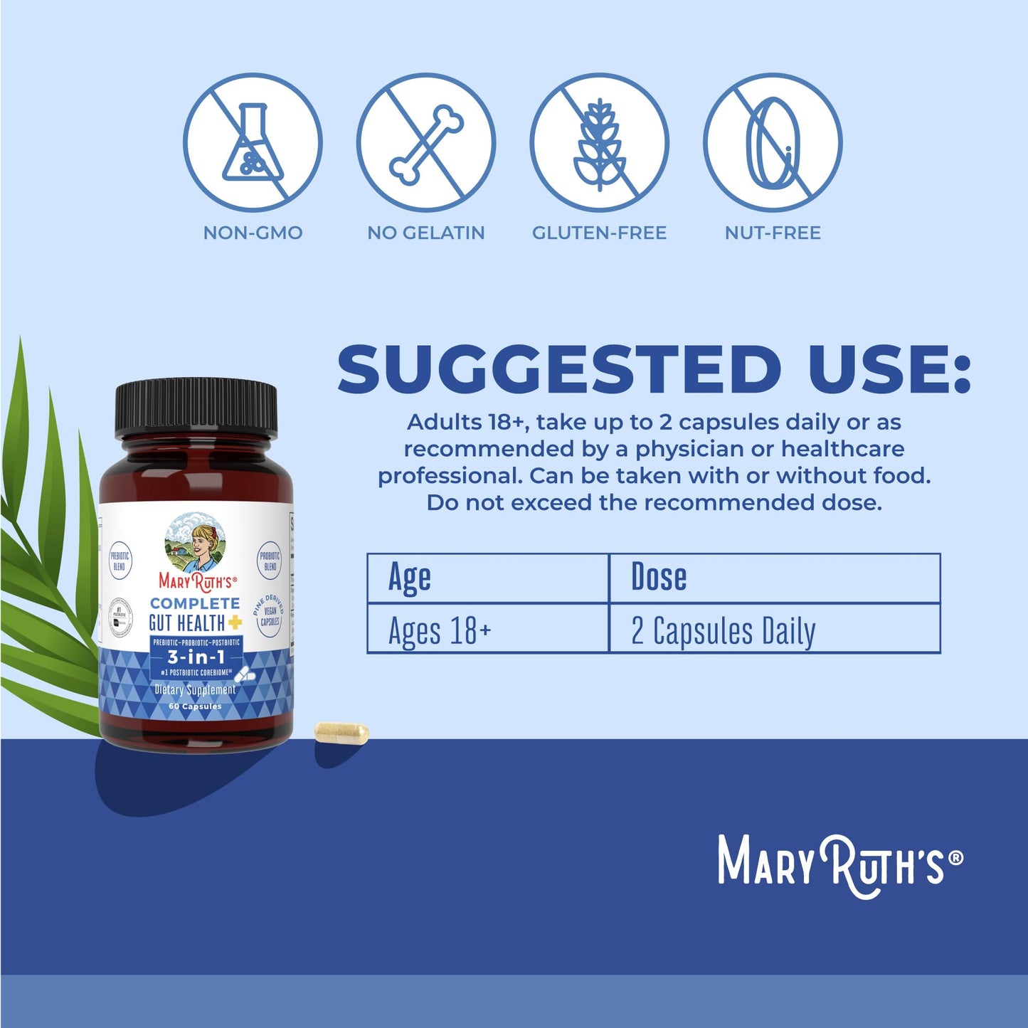 MaryRuth's Complete Gut Health+ Capsules | 5 Probiotic Blend | Butyrate | Corebiome® | Vegan Gut Support | Support Gastrointestinal Health & Microbiome | 2 Capsules Daily | 30 Servings