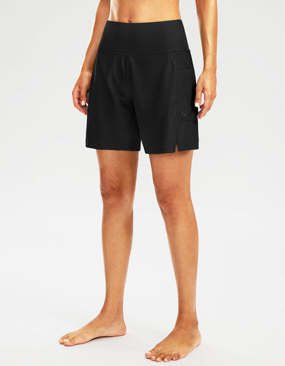 G Gradual Women's 7" Long Swim Board Shorts High Waisted Quick Dry Beach Swimming Shorts for Women with Liner Pockets(Black,L)