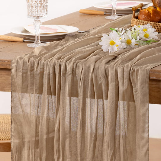 MLMC Nude Cheesecloth Table Runner Extra Long 13.3ft Boho Neutral Taupe Cheese Cloth Table Runner Extra Long Fall Decor 35 x 160 inches for Bridal Shower Party Outdoor Events Decor