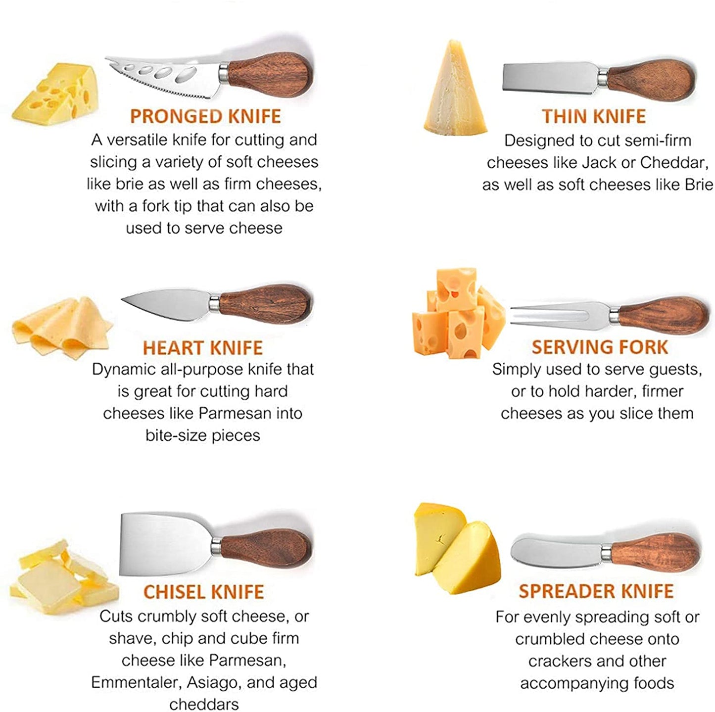 JLIAN MIOR Exquisite 6-Piece Cheese Knives Set, Stainless Steel Cheese Knife Set Collection (Acacia Wood Handle)