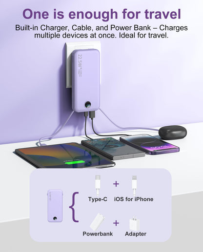 Portable Charger, 12000mAh 22.5W USB C Fast Charging Power Bank with Built-in Cables and AC Wall Plug, Smart LED Display Travel Essentials Battery Pack Compatible with iPhone, iPad, Samsung etc Purple