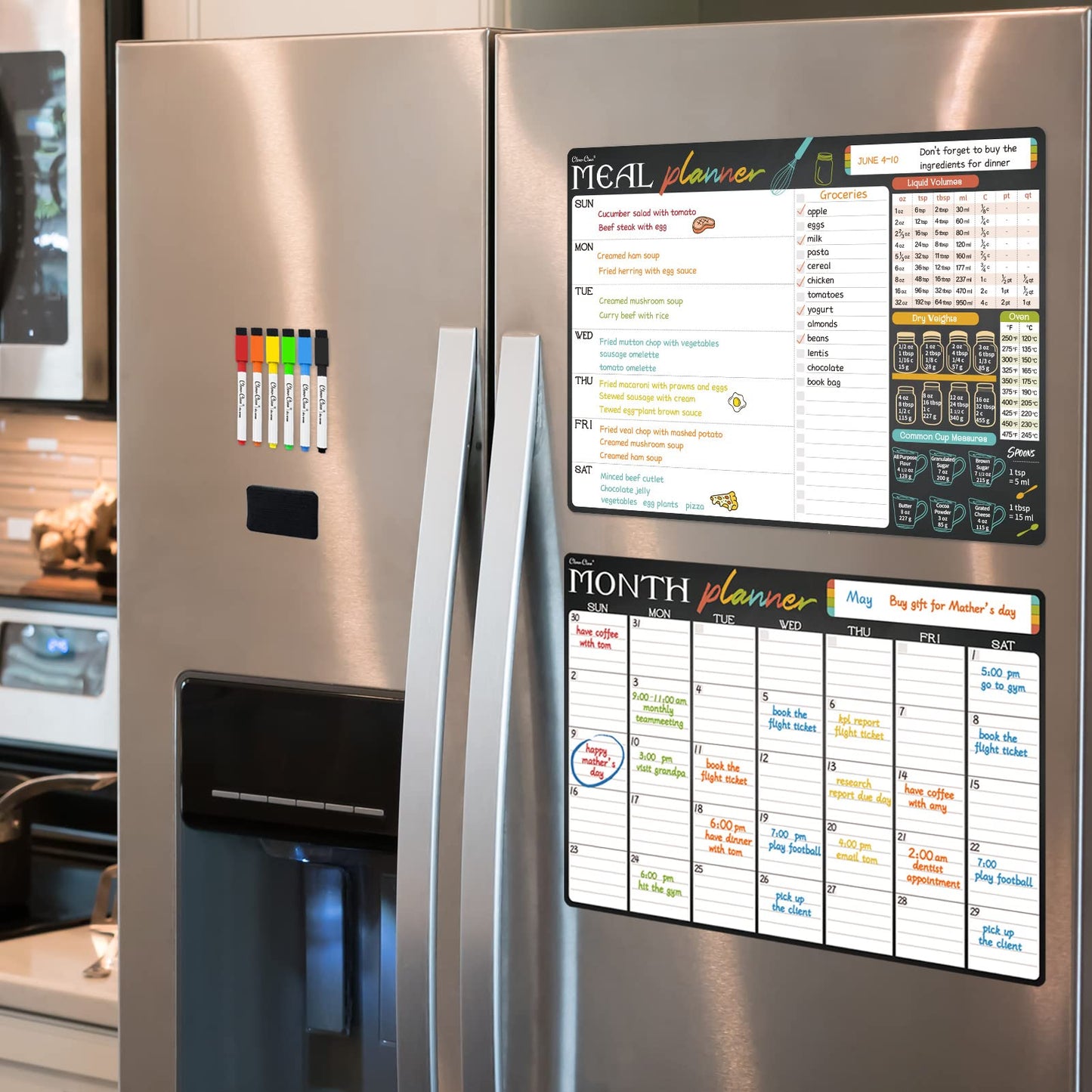 Magnetic Dry Erase Monthly Calendar and Menu Board - 17"x12" Monthly Planner and Meal Planning Board for Fridge - 6 Extra Fine Point Markers Included - Shipped Flat