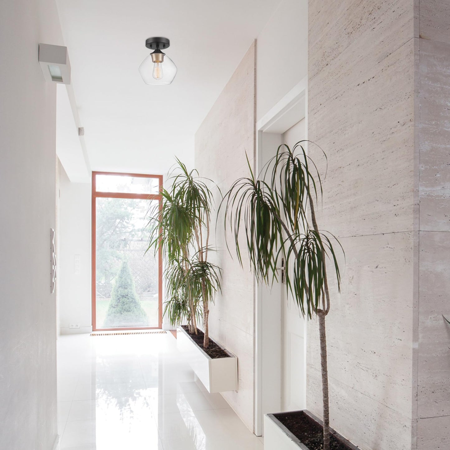 GLOBE Electric Harrow 1-Light Semi-Flush Mount Ceiling Light with a Matte Black Finish, Gold Accent Socket and Clear Glass Shade, Dimmable Option