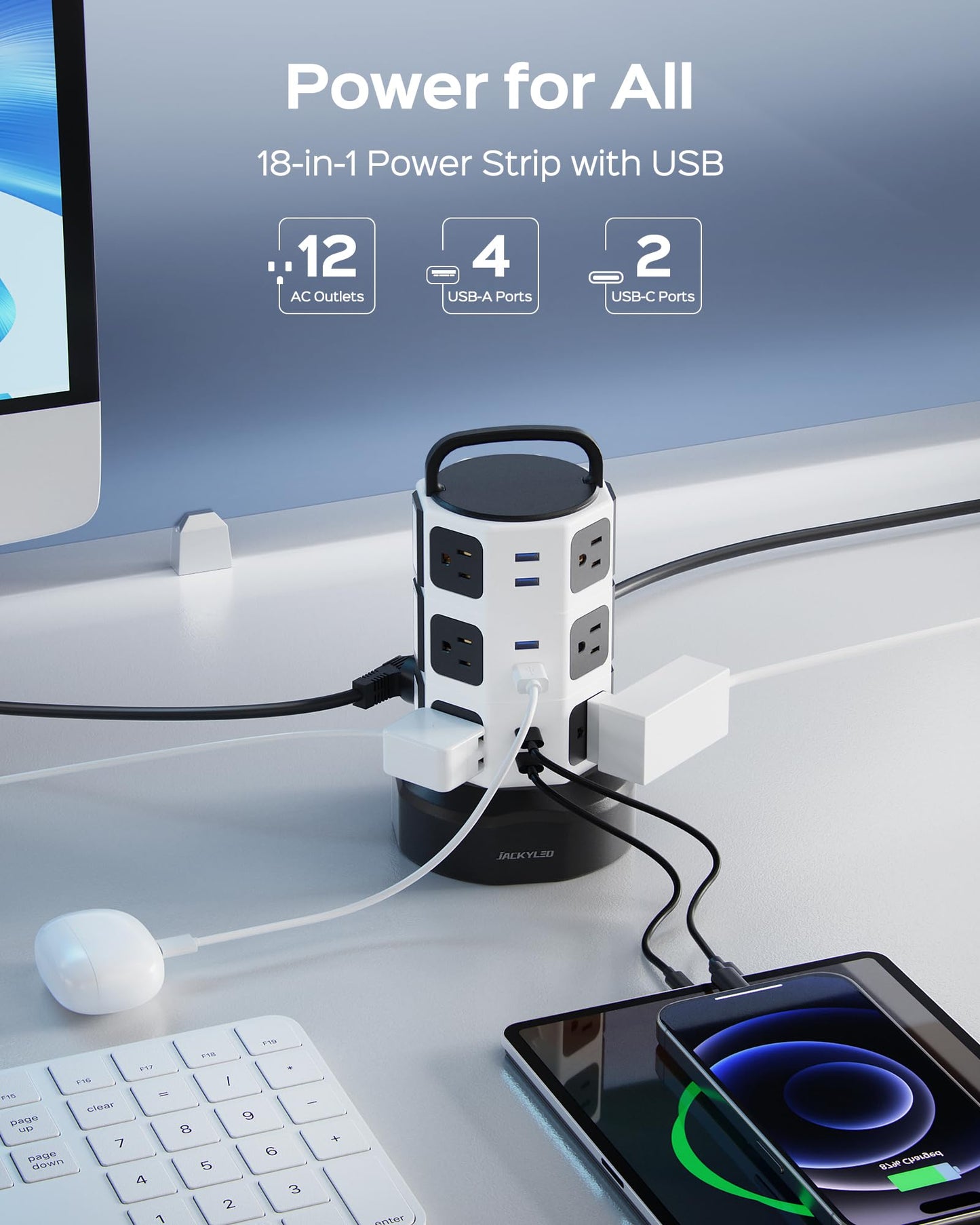 Power Strip Tower Surge Protector, JACKYLED 12 Outlets 6 USB (2 USB C) Charging Station, Extension Cord with Multiple Outlets, 1050J 1625W/13A Outlet Extender 6.5ft Extension Cord for Home Office