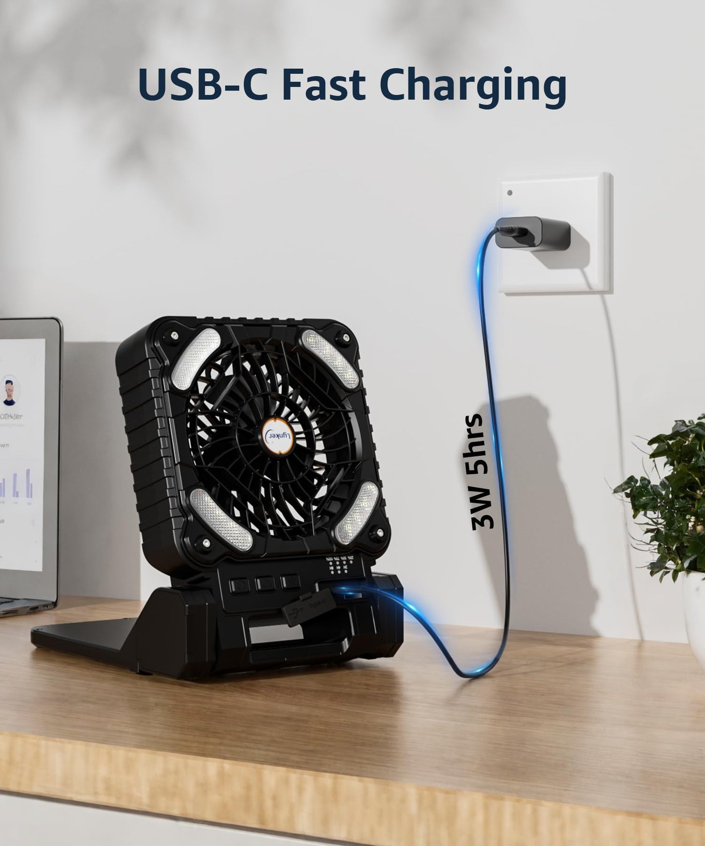 lynker Camping Fan Solar Powered with LED Lantern & Power Bank, Portable Rechargeable Battery Operated, 4 Speeds, 35dB Ultra-Quiet, 8H Timer, Foldable Fan for Tent, RV, Emergency, Hiking (Black)