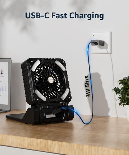 lynker Camping Fan Solar Powered with LED Lantern & Power Bank, Portable Rechargeable Battery Operated, 4 Speeds, 35dB Ultra-Quiet, 8H Timer, Foldable Fan for Tent, RV, Emergency, Hiking (Black)