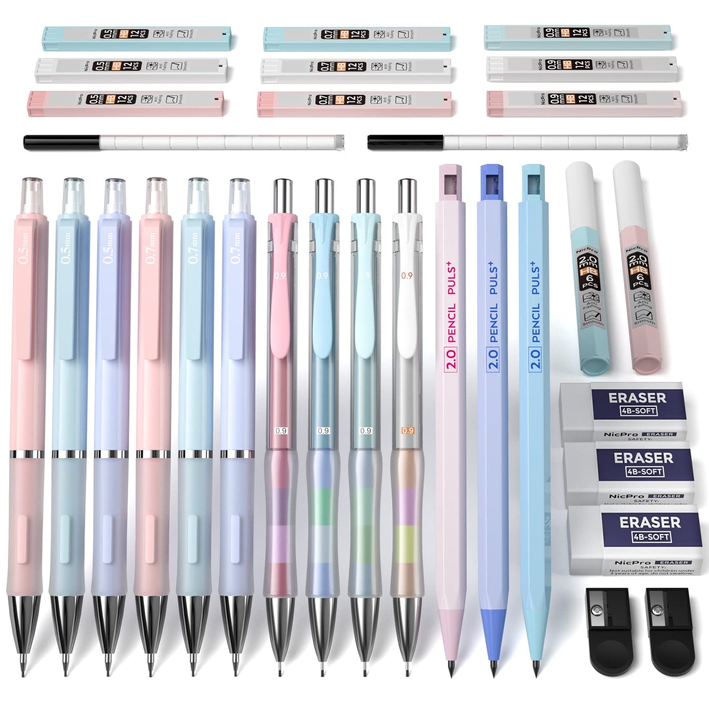 Nicpro 31PCS Pastel Mechanical Pencil Set with Case, Cute Art Drafting Pencils 0.5, 0.7, 0.9 mm & 2mm Lead Holder with 11 Tube Lead Refills(HB 2B), Aesthetic School Supplies for Drawing Sketching