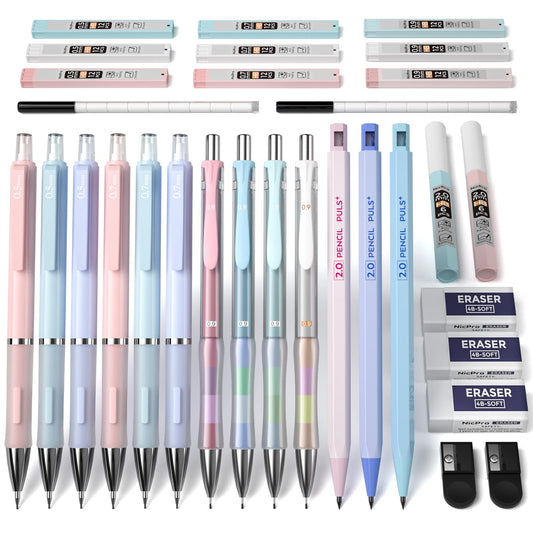 Nicpro 31PCS Pastel Mechanical Pencil Set with Case, Cute Art Drafting Pencils 0.5, 0.7, 0.9 mm & 2mm Lead Holder with 11 Tube Lead Refills(HB 2B), Aesthetic School Supplies for Drawing Sketching