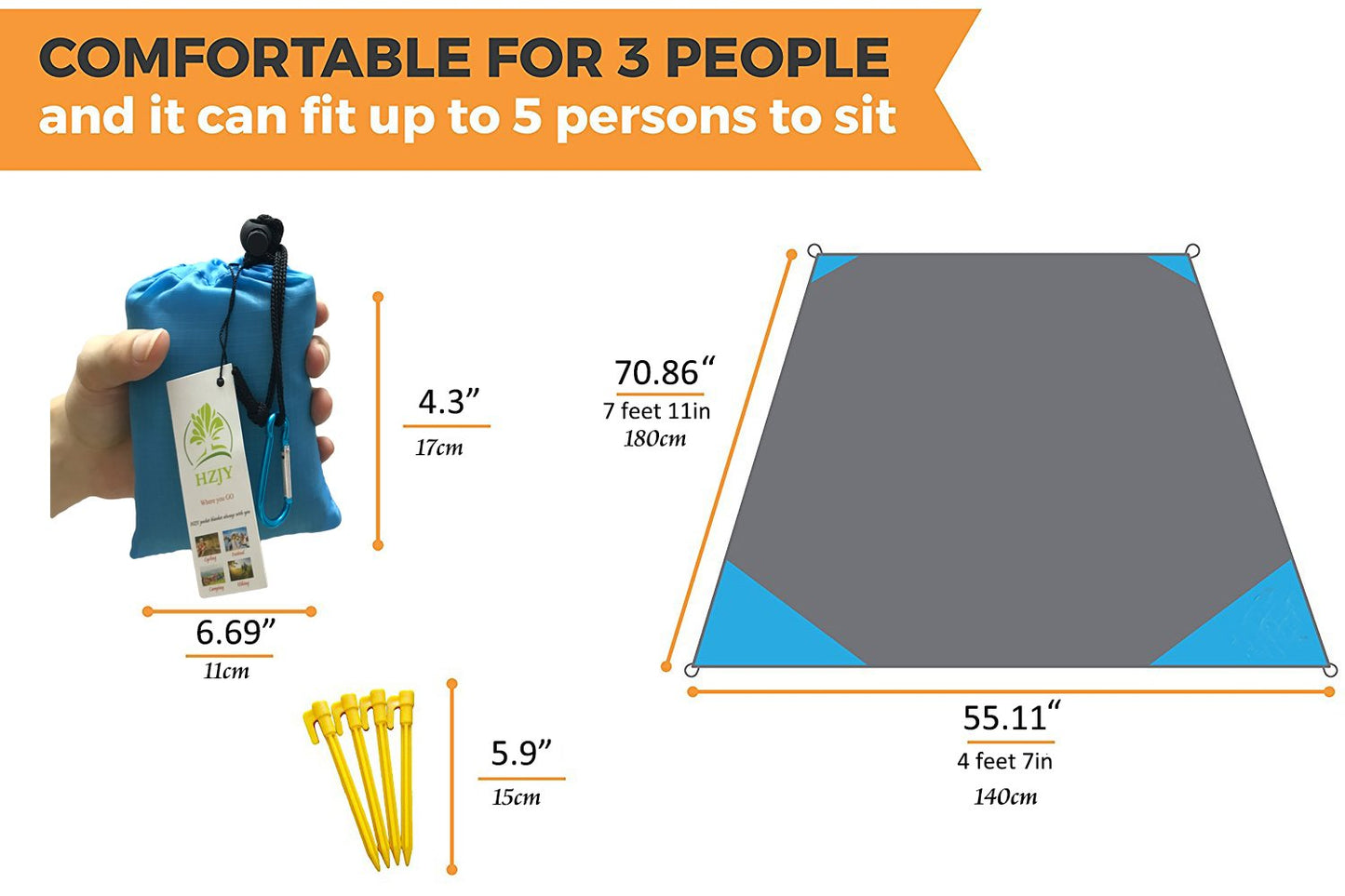 HZJOYUE Outdoor Picnic Blanket (71" x 55") -Compact, Lightweight, Sand Proof Pocket Blanket for The Beach, Hiking, Travel, Camping, Festivals with Pockets, Loops, Stakes, Carabiner (Blue)