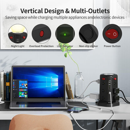 Long Surge Protector Power Strip 16 FT Cord, PD20W USB C Power Strip Tower with Night Light, Extension Cord with Multiple Outlets with 4 USB Ports, PASSUS Charging Station Home Office Essentials Black