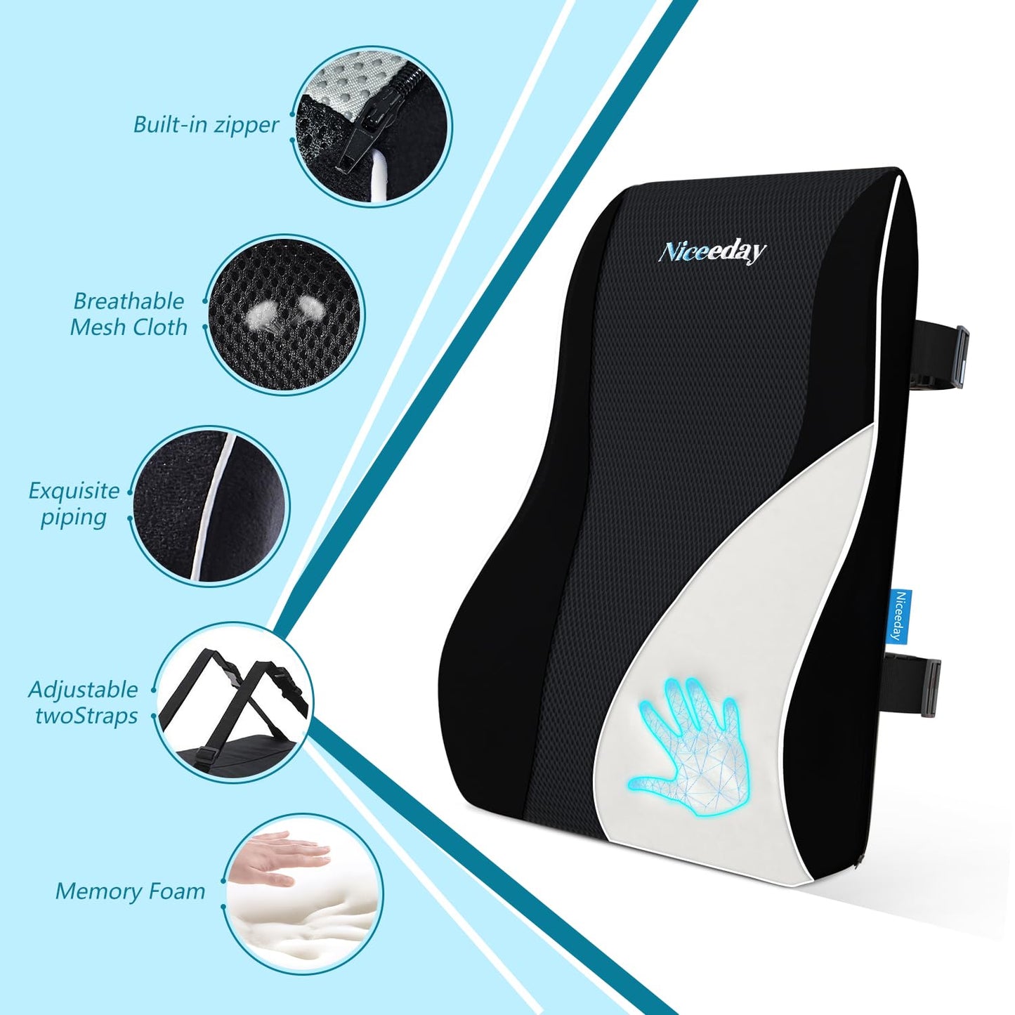 Lumbar Support Pillow for Office Chair Car Back Support Pillow, Memory Foam Gaming Chair Desk Chair Back Cushion for Lower Back Pain Relief, Ergonomic Back Rest with Double Adjustable Straps