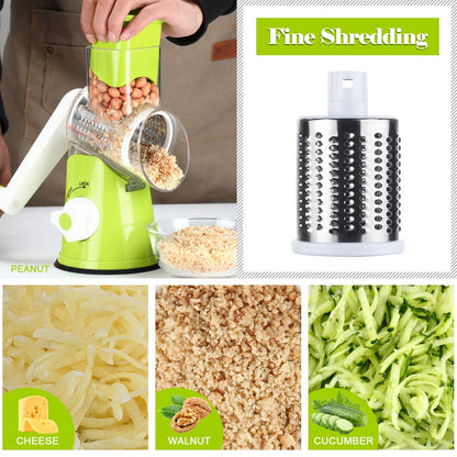 Ourokhome Rotary Cheese Grater Hand Crank, Kitchen Shredder Speed Mandolin Slicer Nut Grinder with Handle and Drum Blades for Cheese, Vegetable, Walnut, Chocolate, Potato, Carrot, 3 Blades, Green