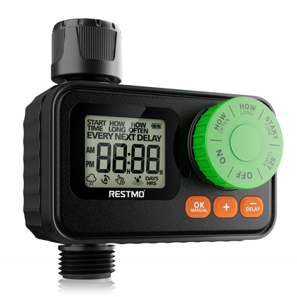 RESTMO Sprinkler Timer, Programmable Water Timer for Garden Hose, Automatic Control | Manual ON/Off | Rain Delay for Outdoor Faucet, Drip Irrigation and Lawn Watering System