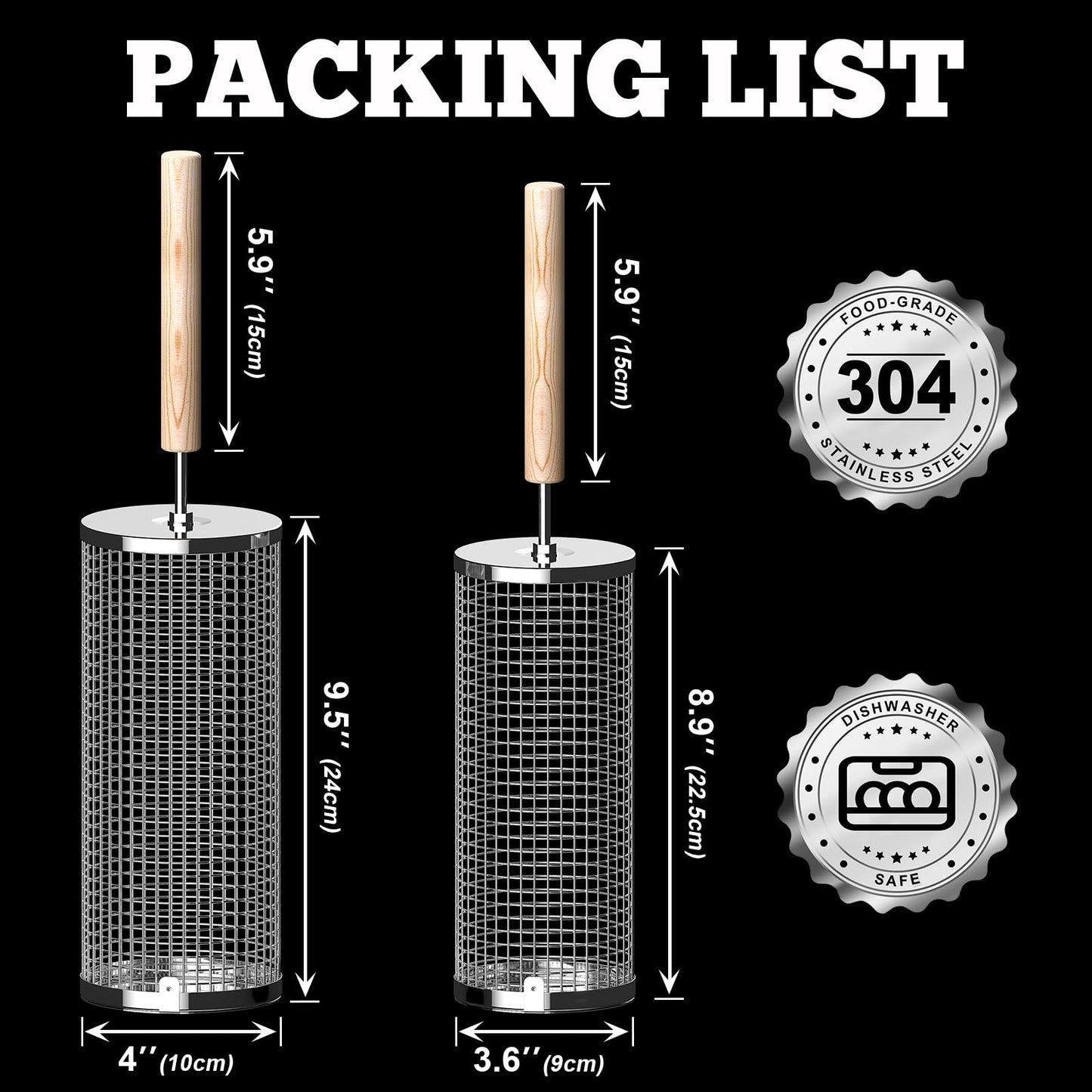 ivtivfu Rolling Grill Baskets, Removable Wooden Handle, 304 Stainless Steel, Nesting Grilling, BBQ Accessories Tools for Vegetable Shrimp, Outdoor Cooking Camping, Birthday Gifts for Men Dad Husband