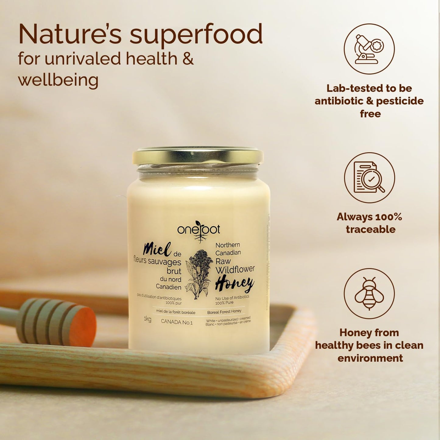 Oneroot 100% Canadian Flower Honey - 1kg / 2.2lbs, Honey Wildflower Unfiltered, Unheated & Creamed, Nutrient Rich Raw Wildflower With Enzymes, Thick Natural Sweetener