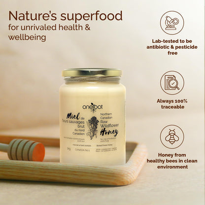 Oneroot 100% Canadian Flower Honey - 1kg / 2.2lbs, Honey Wildflower Unfiltered, Unheated & Creamed, Nutrient Rich Raw Wildflower With Enzymes, Thick Natural Sweetener