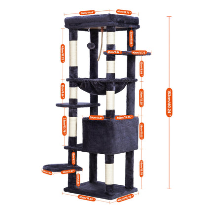Heybly Cat Tree for Large Cats 20lbs Heavy Duty, 60 inches XXL Cat Tower for Indoor Cats, Multi-Level Furniture Condo with Big Padded Plush Perch, Cozy Basket, Smoky Gray HCT050G