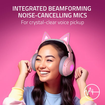 Razer Kraken Kitty V2 BT Wireless RGB Headset: Chroma RGB Kitty Ears & Earcups - Bluetooth 5.2-40 mm Drivers - Noise-Cancelling Mics - Lightweight - 40 Hr Battery w/Type C Charging - Quartz Pink