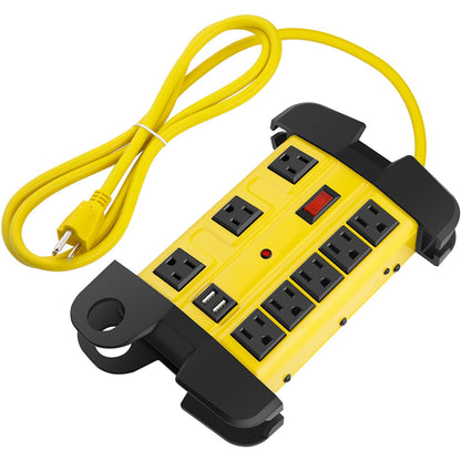 Heavy Duty Power Strip with USB, Workshop 8 Outlet Surge Protector 2700 Joules, Industrial Metal 15Amp Power Strip, 6FT Extension Cord and Wide Spaced. Yellow