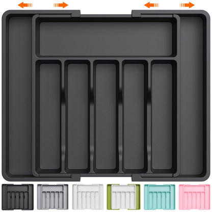 Lifewit Large Silverware Drawer Organizer, Expandable Utensil Tray for Kitchen, BPA Free Flatware and Cutlery Holder, Adjustable Plastic Storage for Spoons Forks Knives, Large, Black