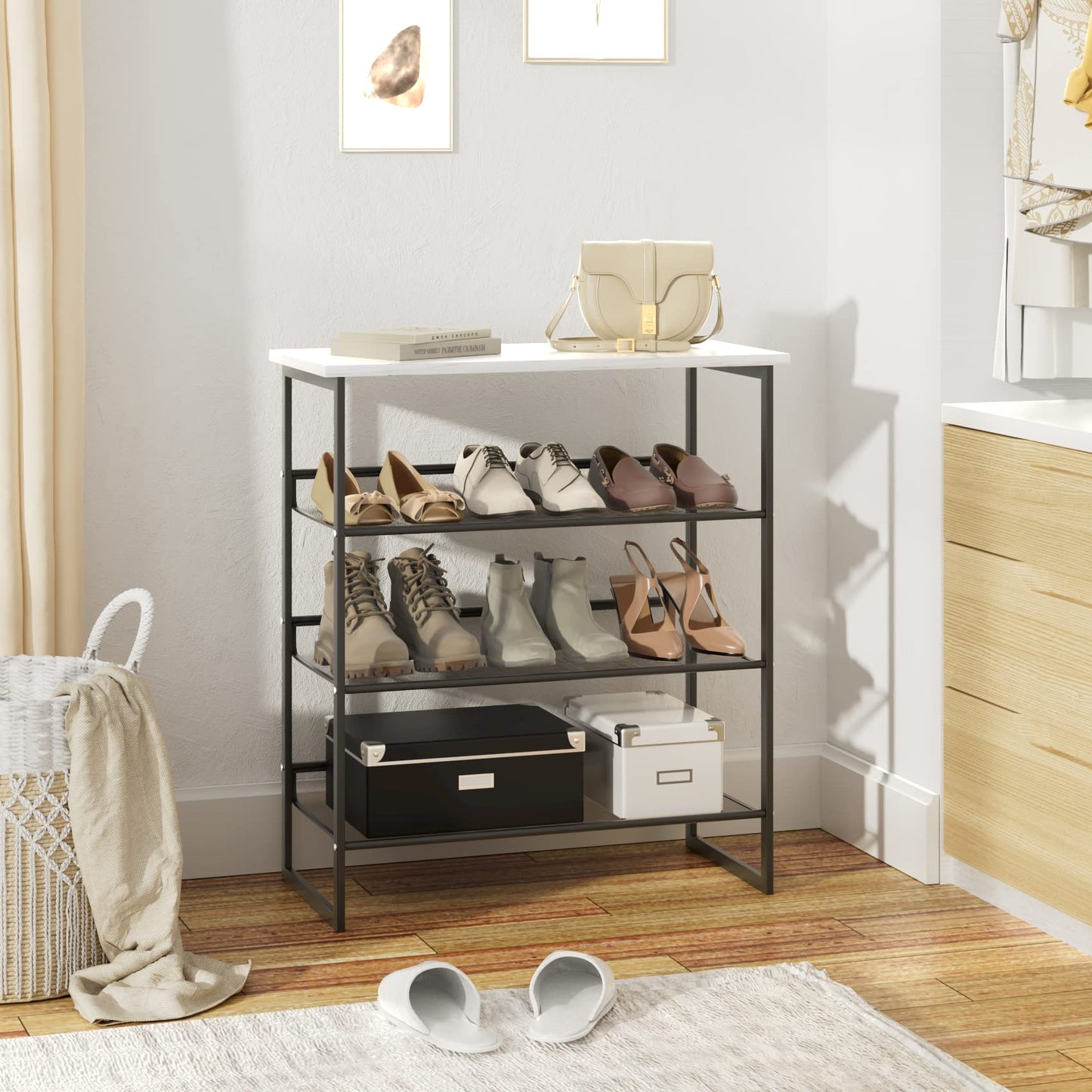 Garden 4 you 4 Tiers White Marble Shoe Rack,Freestanding Organizer Multi-Purpose Adjustable Flat and Slant Storage Rack Shoe Shelf, High Heels Potted Plant for Entryway Hallway Living Room Closet