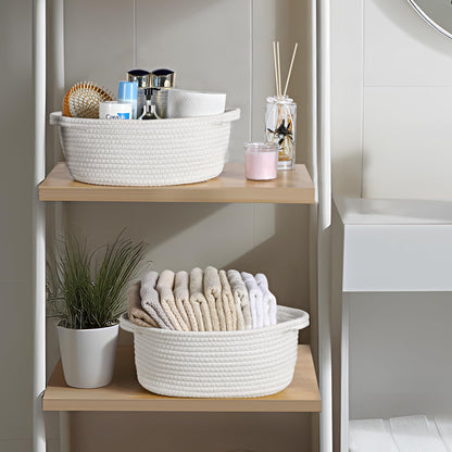 2 Pack Small Woven Basket with Gift Bags and Ribbons, Empty Decorative Gift Chest Box, Cute Baby Gift Basket for Nursery, Cotton Rope Room Shelf Storage Basket with Handles, All 12"x 8"x 5",White