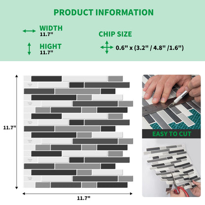 LONGKING 10-Sheet Self-Adhesive Peel and Stick Backsplash for Kitchen, Vinyl Decorative Tiles (Black/Gray)