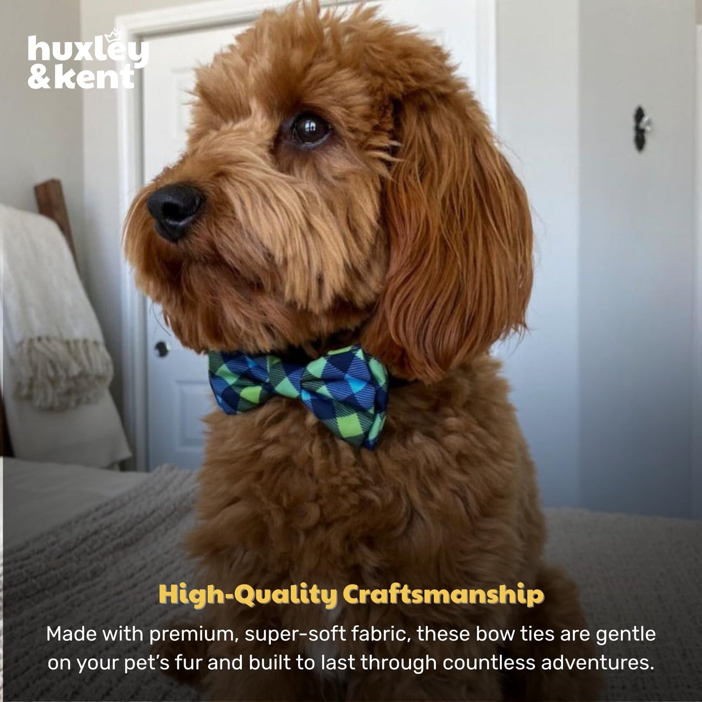 Huxley & Kent Pet Bow Tie for Dogs & Cats - Adjustable Collar Accessory - Cute & Comfortable for Holidays & Celebrations - Navy Check, Large