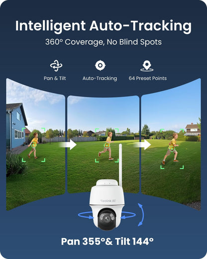REOLINK First 4K Solar Security Cameras Wireless Outdoor, Argus PT Ultra+ 3W Solar Panel, 360° Pan Tilt Auto-Tracking, 8MP Color Night Vision, 2.4/5 GHz Wi-Fi 6, No Monthly Fee, Home Hub Compatible