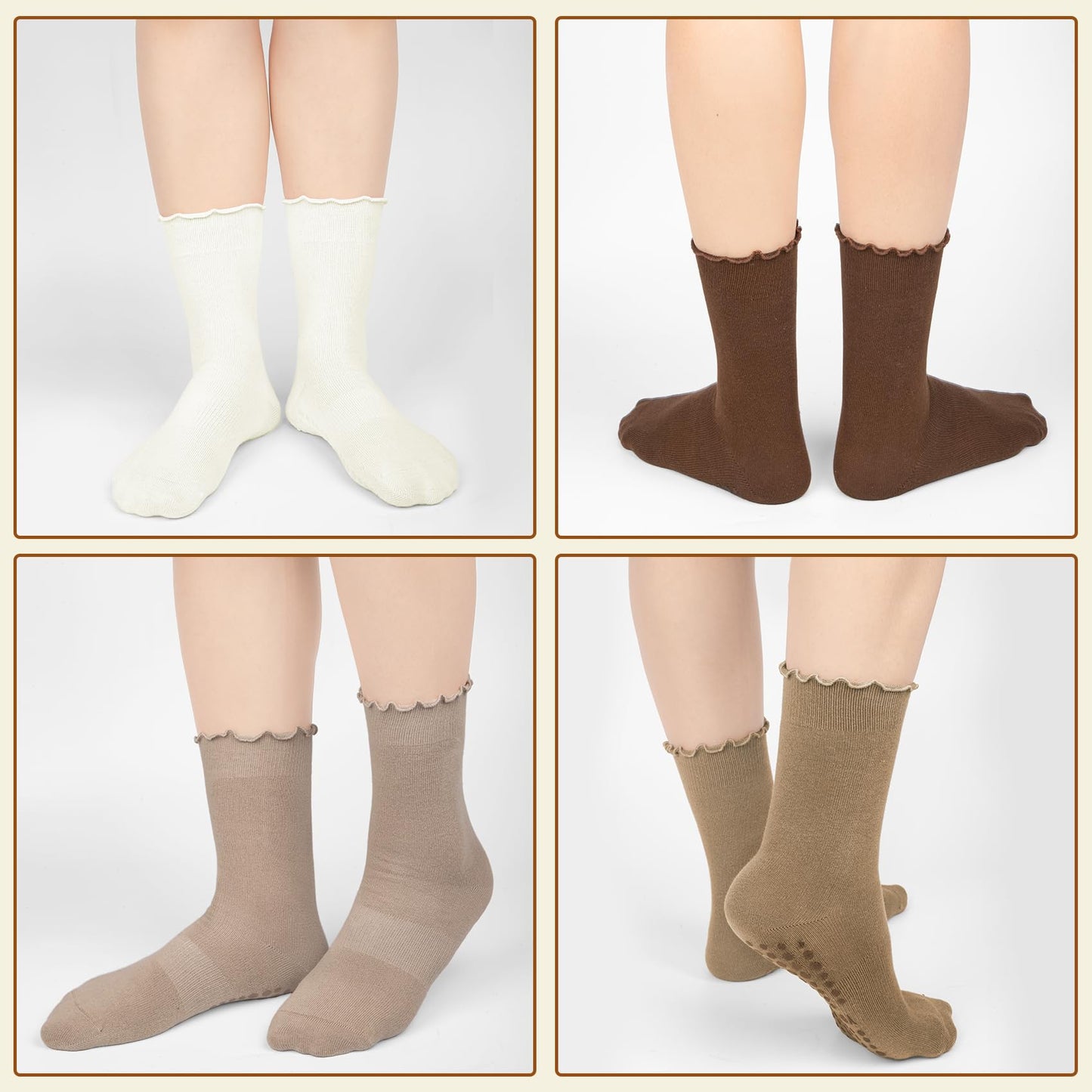 4 Pairs Yoga Pilates Socks with Grips for Women, Non Slip Athletic Cute Ruffle Crew Socks for Ballet Workout Hospital 9-11