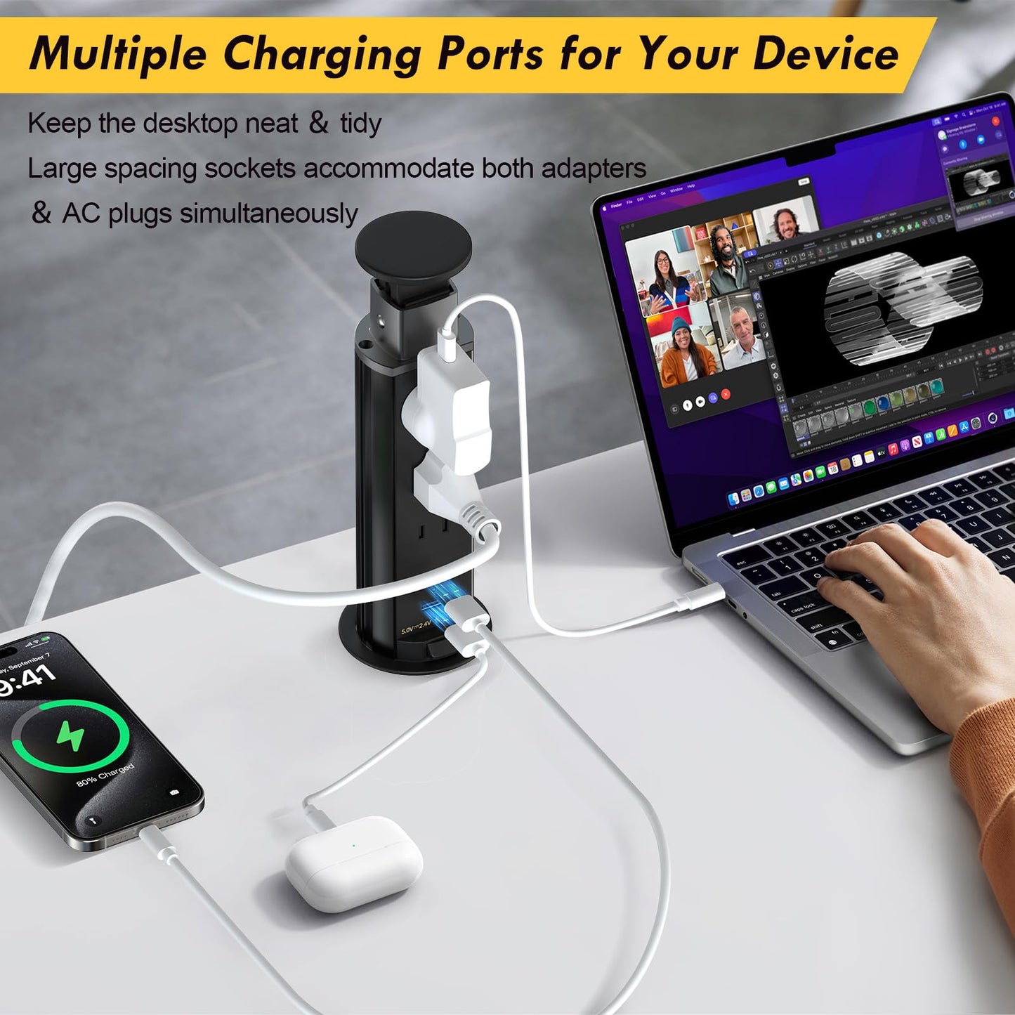 Pop Up Electrical Outlet for Countertop, Recessed Power Strip with 3 AC Outlet & 2 USB Ports,2.5" Hole Pull Pop Up Socket Hidden Outlets, Pop Out Power Outlet for Kitchen Counter Conference Desk