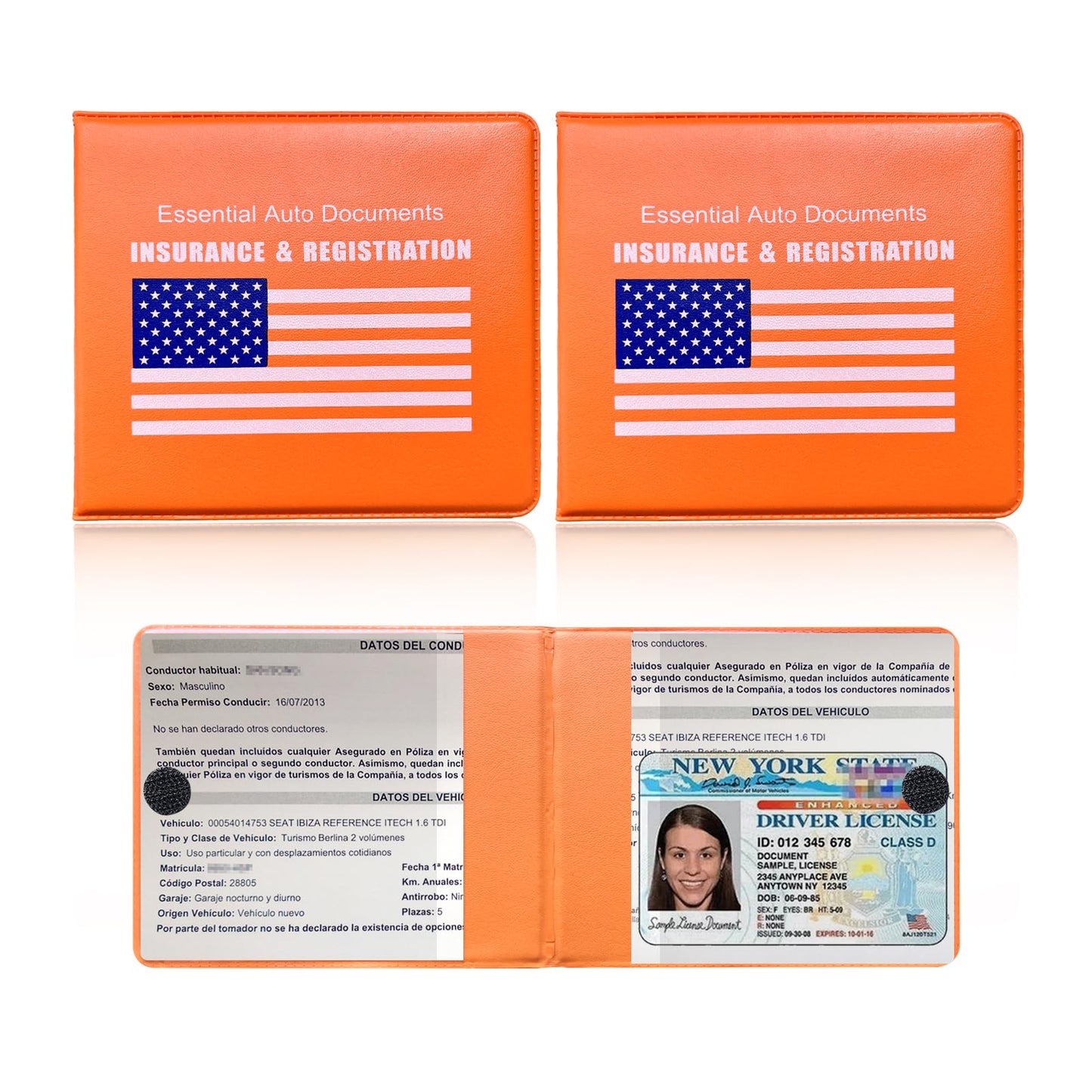Ziciner Car Registration Insurance Holder, 2Pack Essential Auto PVC Card Document Glove Box Organizer with Velcro Closure, Universal Car Accessories for Men & Women (Orange/Blue Flag)