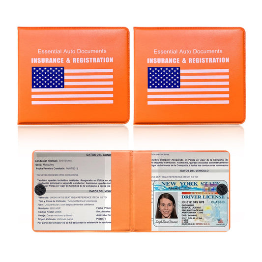 Ziciner Car Registration Insurance Holder, 2Pack Essential Auto PVC Card Document Glove Box Organizer with Velcro Closure, Universal Car Accessories for Men & Women (Orange/Blue Flag)