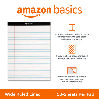 Amazon Basics Wide Ruled Lined Writing Note Pads, 8.5 inch x 11.75 inch, White, 12 Count (12 Pack of 50)