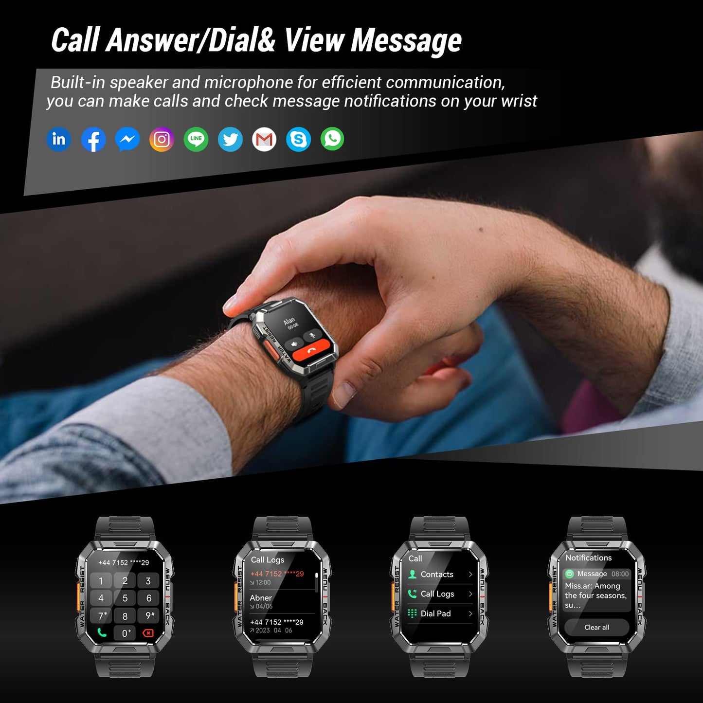 Military Smart Watch for Men (Answer/Make Calls), 2.01'' Smart Watch for Android and iPhone, Fitness Tracker with Flashlight/Compass/100 Days Battery/Heart Rate/Sleep/100+ Sport Modes(2 Straps)