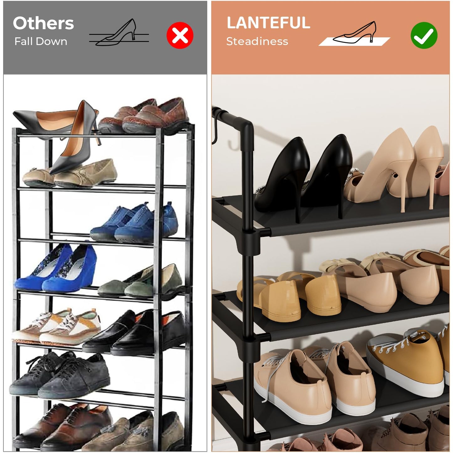 LANTEFUL 3 Tier Shoe Rack for Closet, Shoe Organizer with 5 Hooks, Long Shoe Shelf Storage for Sneaker and Boot Stackable Free Standing Shoe Rack for Entryway, Garage, Small Spaces, Dorm