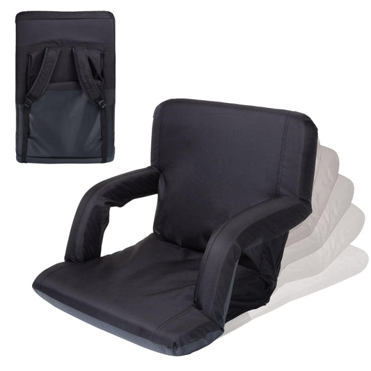 PICNIC TIME Ventura Portable Reclining Stadium Seat with Back Support, Folding Bleacher Chairs with Back and Cushion, Thick Padded Stadium Seat and Armrest, Includes Six Backrest Positions, (Black)