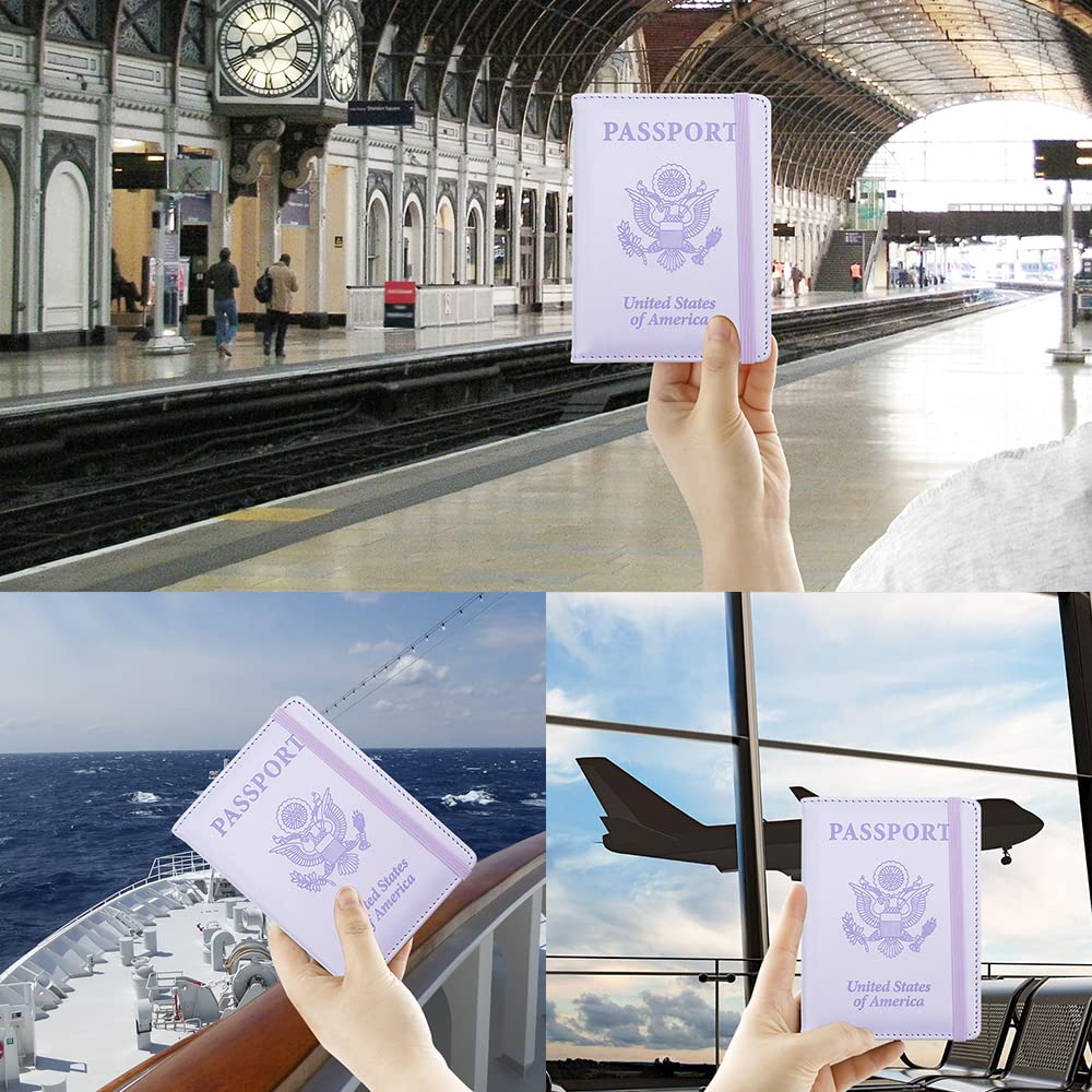 Passport Holder for Travel, Leather Passport Holder RFID Blocking Passport Cover Wallet Passport Case with Pen Holder Passport Holders for Travel Women Men Family Travels Must Haves Essentials,Purple