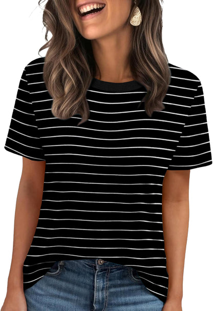 Jescakoo Tshirts for Womens Casual Summer Round Neck Striped Tops Black L
