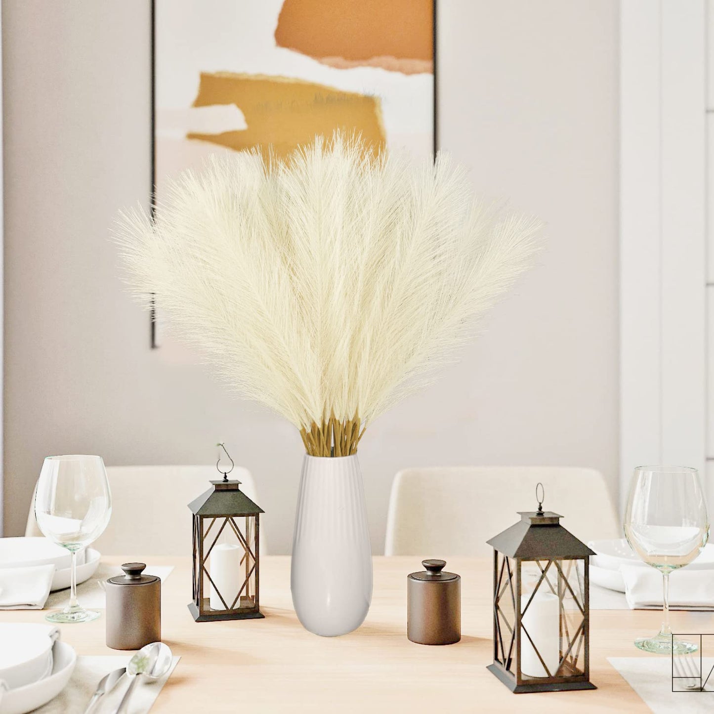 obbsie 50PCS Faux Pampas Grass, 21.6" Short Artificial Pompous Grass Floral Fake Pompas Grass Branches Vase Filler Flower Arrangement for Home Wedding Boho Decor, Beige