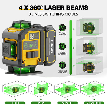 Laser Level with Tripod,Alloyman 4x360° Self Leveling Laser Level,Green Line Laser 4D Laser Leveler Tool with 2Pcs Lithium Batteries for Picture Hanging, Tile, Home Renovation, Indoor